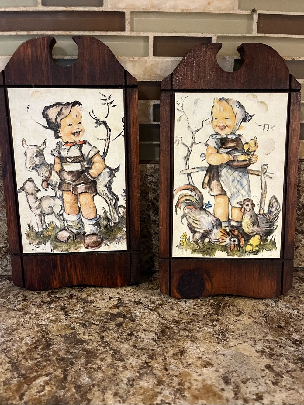 Vintage Pair: Hummel Art Country Children Farmhouse Plaques in Brown